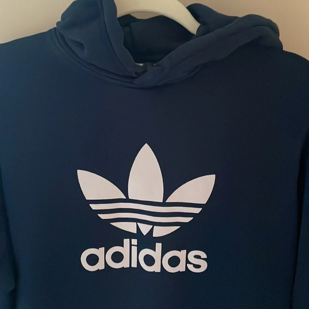 Adidas Men XS Navy Blue Trefoil Hoodie Sweatshirt Pullover Top Athletic Terry